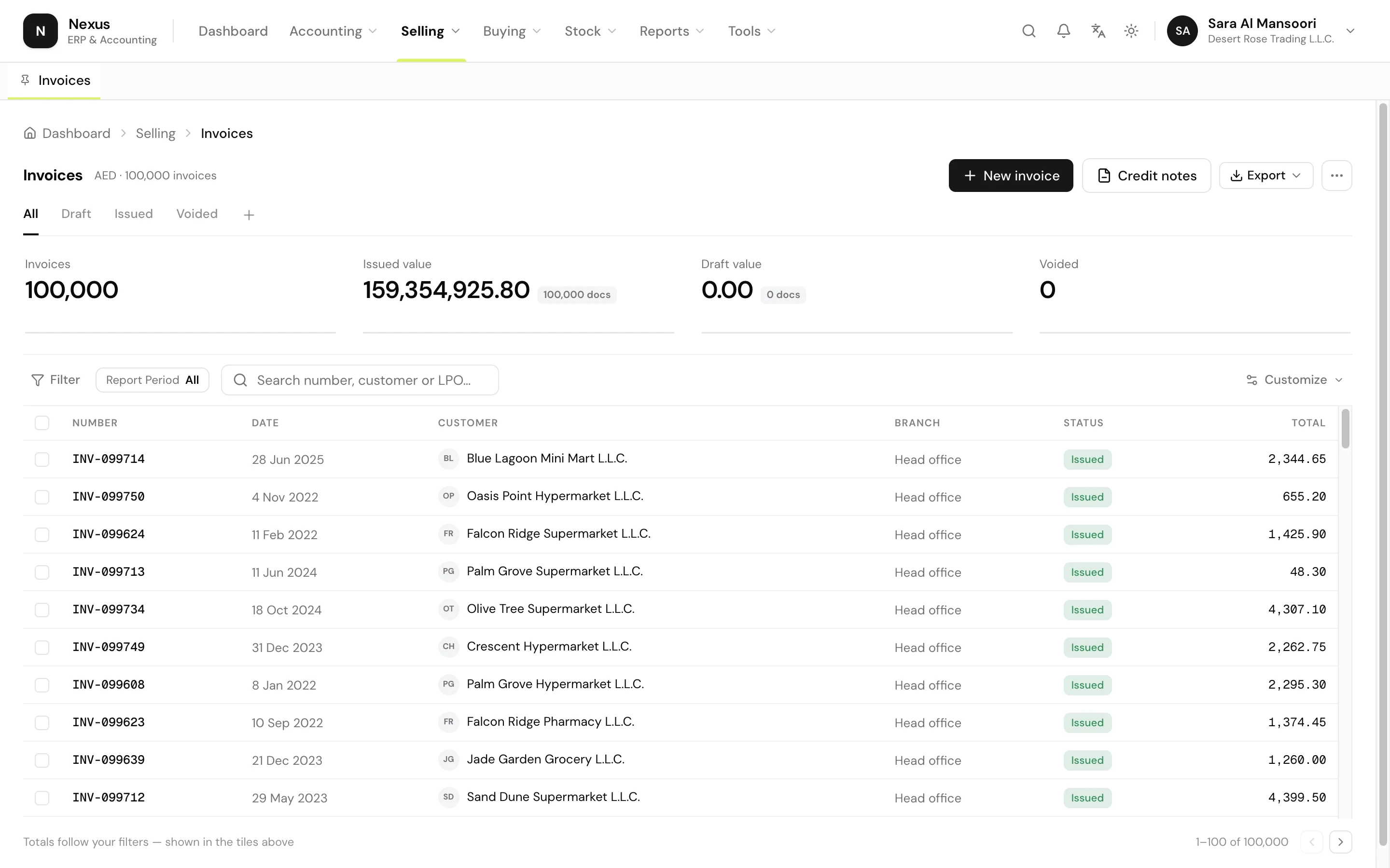 MJQ Nexus invoices screen with 100,000 issued invoices