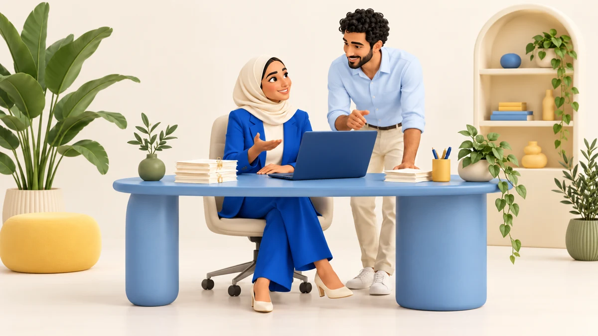 Illustrated business team working together at a laptop